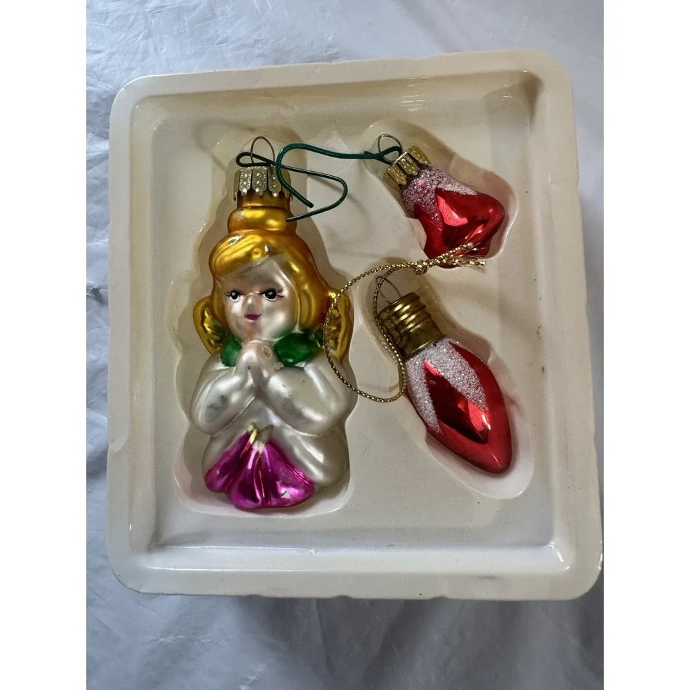 All is Brite Hand Painted Glass Angel Ornament 3 Pack set Vintage Christmas Box